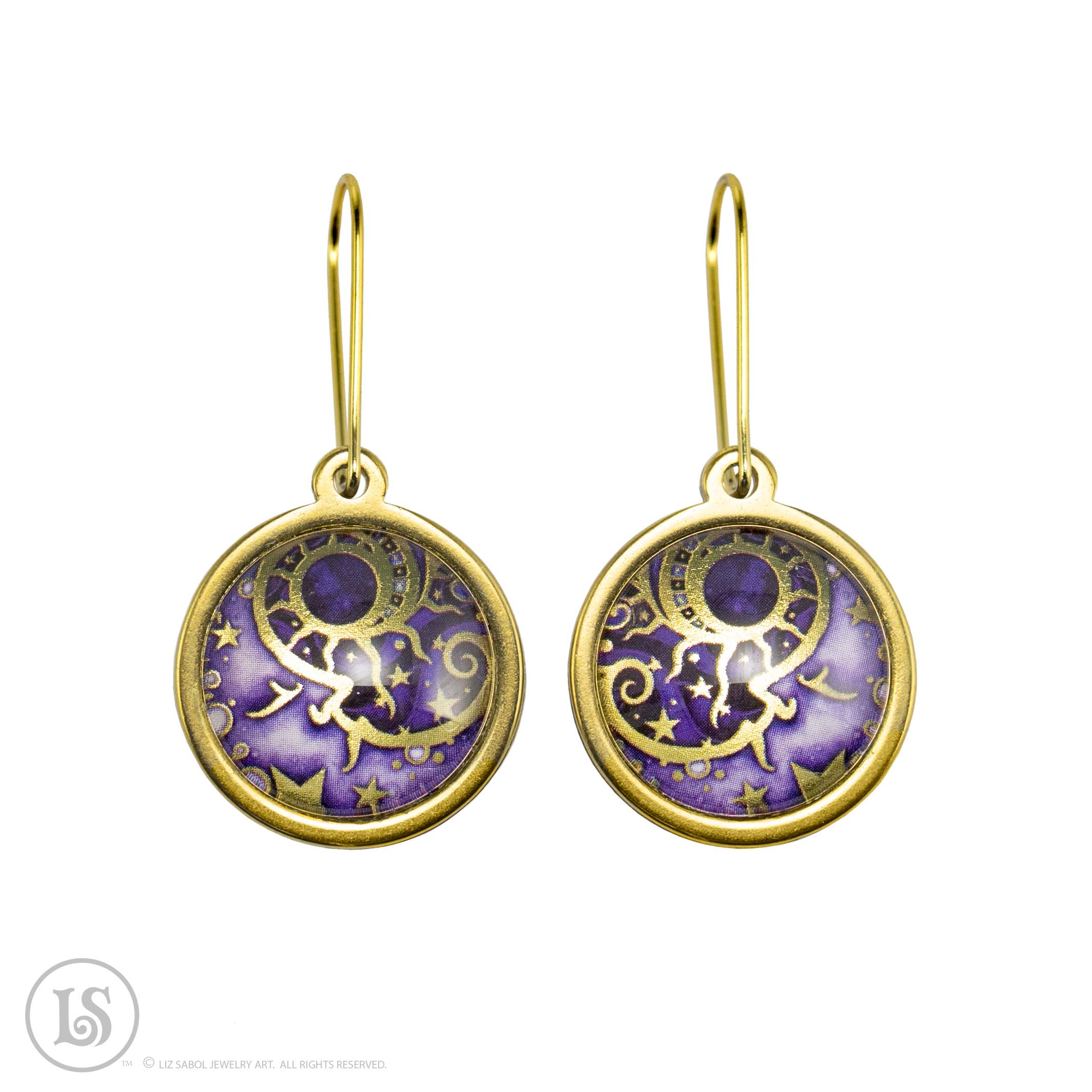 Man in the Moon Purple, Earrings, Gold-tone, Glass, Gold-plated Stainless Steel